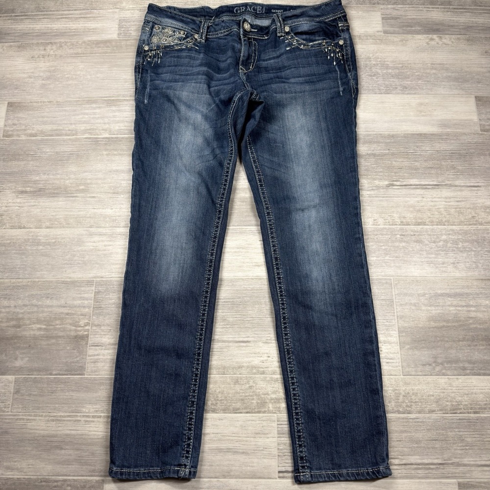Grace In L.A Women's Skinny Jeans Size 31 Dark‎ Wash Embellished Pocket Cross